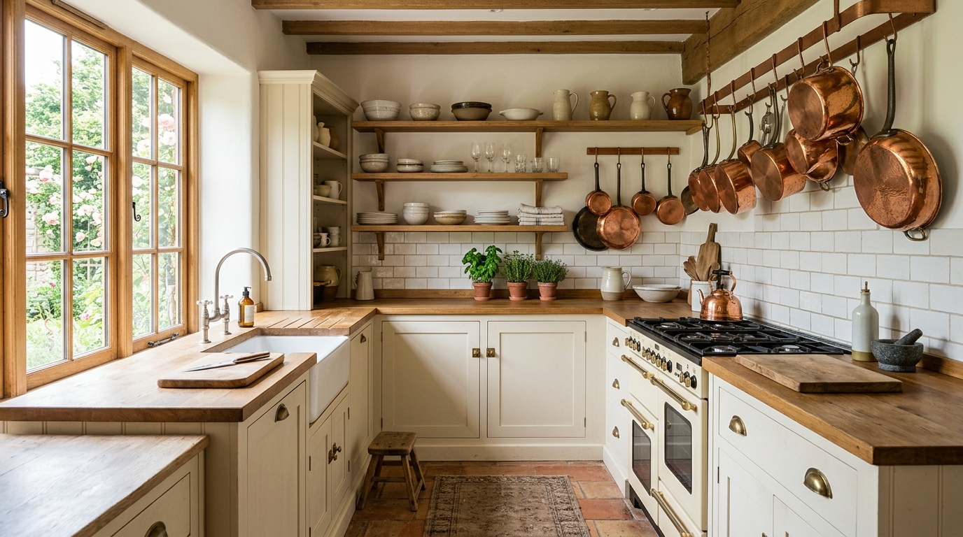 4) Use cream cabinetry + open shelving in the kitchen